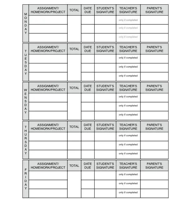 5-Day Homework Tracking Worksheet