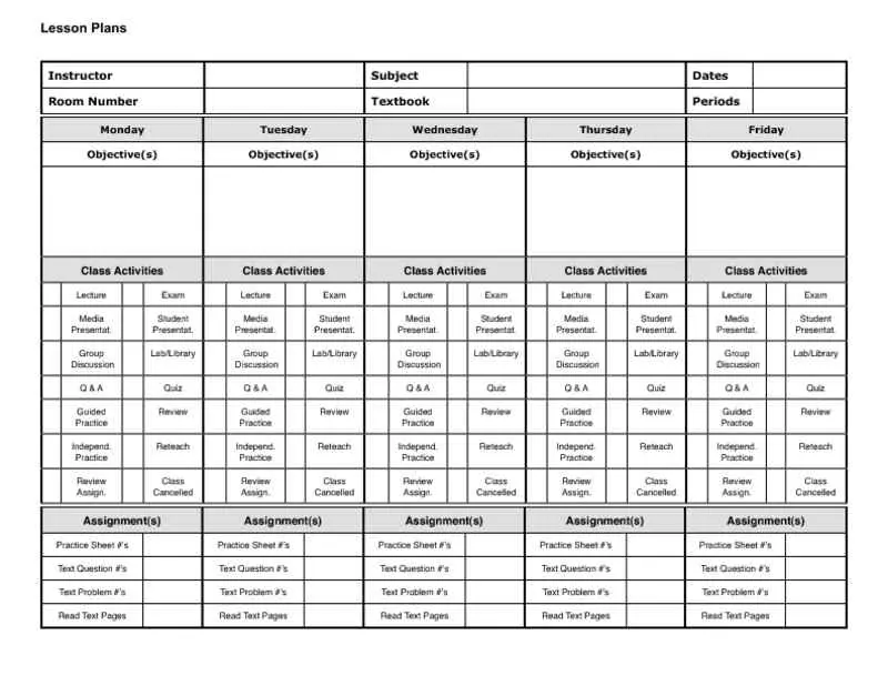 5-Day Lesson Planner in Landscape Orientation