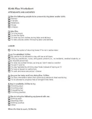 Birth Plan Checklist Page One