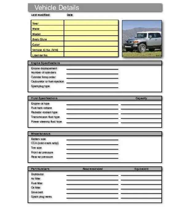 Detailed Vehicle Information Worksheet