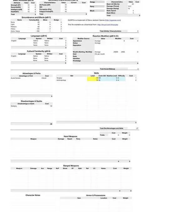 Dungeons and Dragons GURPS Character Worksheet