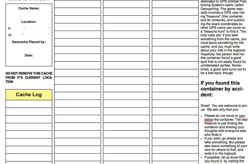Geocache Log and Instructions