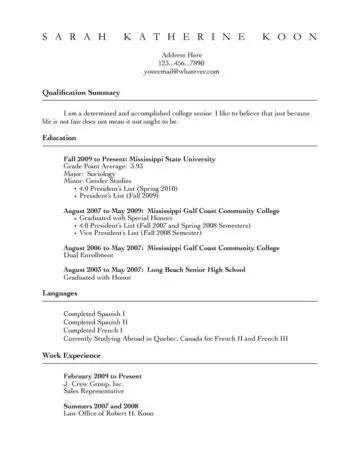 In-Depth Academic Resume Page One
