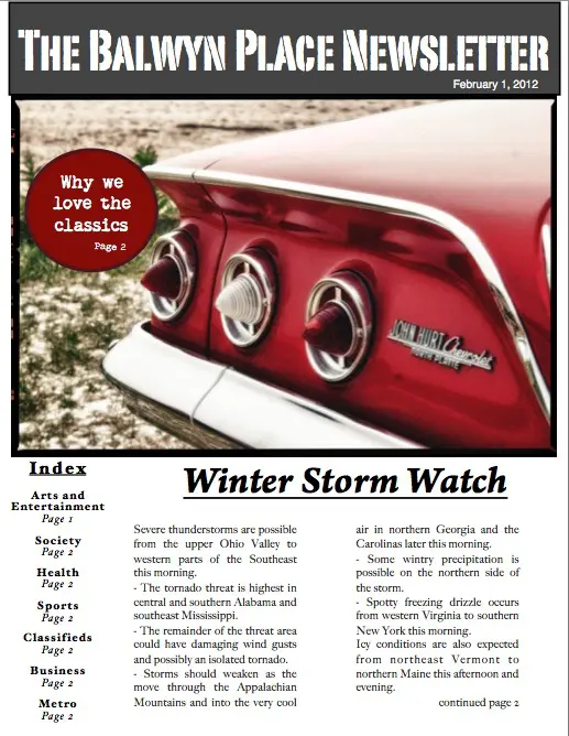 Local Newsletter with Index and Feature Story