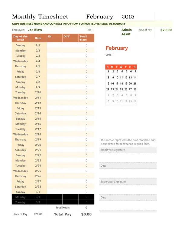 Monthly Wages Calendar February