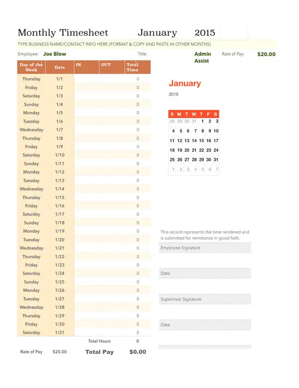 Monthly Wages Calendar January