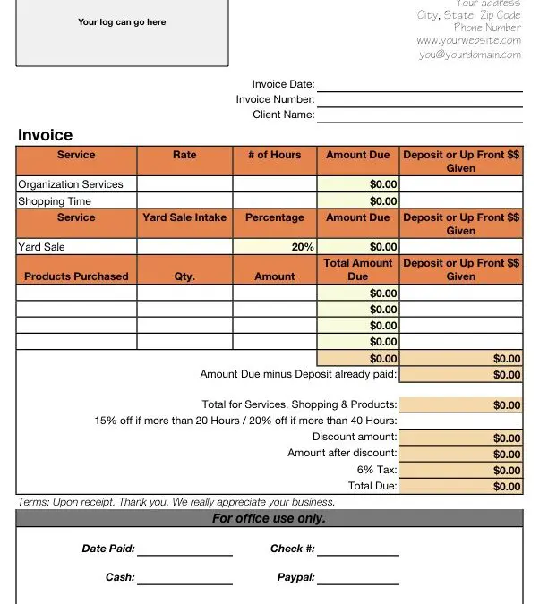 Professional Organizer Invoice
