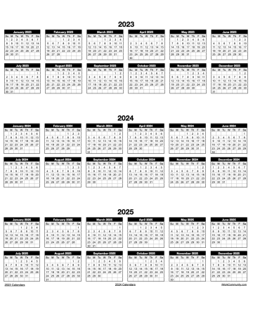 Portrait 2023 to 2025 Three Year Calendar Numbers Template