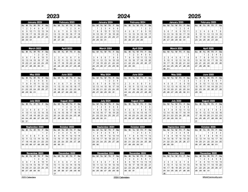 Landscape 2023-2025 Three Year Calendar Numbers Template