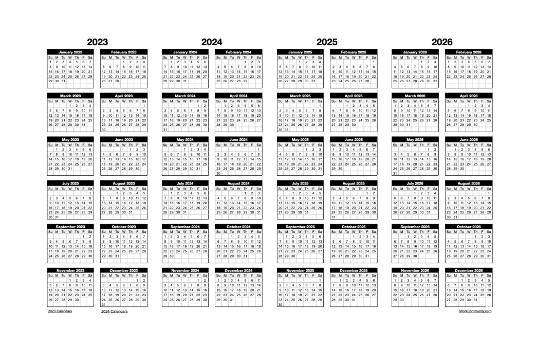 Landscape 2023-2026 Four Year Calendar Numbers Template