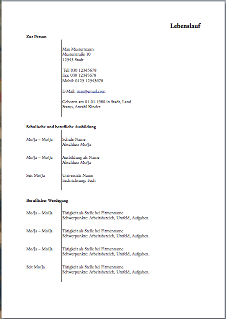 Simple Application Letter with Photo (German) Lebenslauf Page One